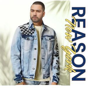 Reason Jacket Jean Denim Men’s Small Graffiti Blue 100% Cotton Goth Rock Rap